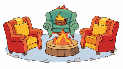 Poster - A warm crackling fireplace surrounded by cozy armchairs and fuzzy blankets inviting friends to gather and share stories and laughter.. Cartoon Vector.
