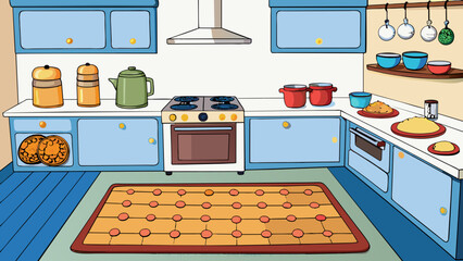 Poster - A wellstocked kitchen with gleaming countertops and sleek modern appliances. The smell of freshly baked cookies lingers in the air and decorative e. Cartoon Vector.