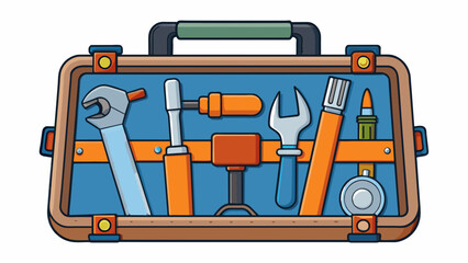 Sticker - A wellprepared toolkit This comprehensive toolkit is a handymans dream containing a variety of tools for any household project. The tools are made of. Cartoon Vector.