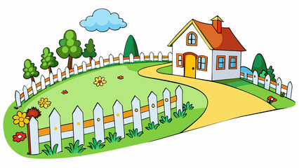 Poster - A white picket fence stretches along the road separating a quaint country cottage from a field of grazing cows. The cottage has a thatched roof. Cartoon Vector.