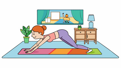 Aufkleber - A woman is doing yoga on a soft mat in her living room. She is in a downwardfacing dog pose her hands and feet grounded while her body forms an. Cartoon Vector.