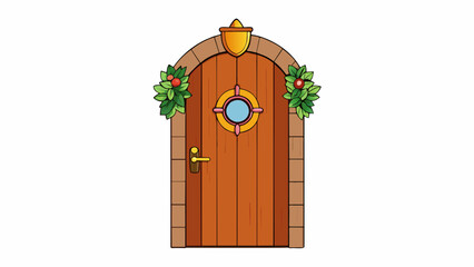 Poster - A wooden door with a brass handle adorned with a colorful wreath and surrounded by potted plants.. Cartoon Vector.
