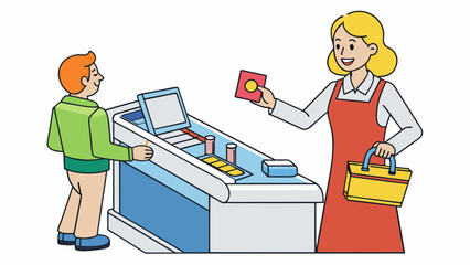 Fototapete - A woman standing in line at a grocery store placing items on a conveyor belt. After the cashier scans each item the woman hands them a rectangular. Cartoon Vector.