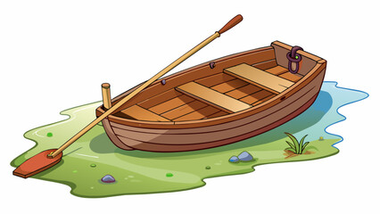 Aufkleber - A wooden rowboat with peeling paint and a worn out oar resting on the shore of a small quiet river. Its small size makes it perfect for peaceful rides. Cartoon Vector.
