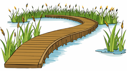 Canvas Print - A wooden boardwalk winding through a dense marsh with tall reeds and cattails on either side. The path is raised above the murky water and offers a. Cartoon Vector.