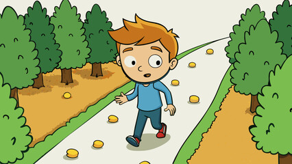 Poster - A young boy eagerly following a trail of breadcrumbs through a dense forest.. Cartoon Vector.