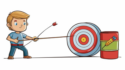 Poster - A young boy pulls back the string of his handmade bow focused on a target made of hay bales and old soda cans. He takes a deep breath before releasing. Cartoon Vector.