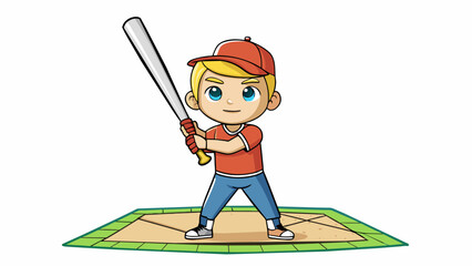 Poster - A young boy stood in front of a baseball diamond his hand gripping a bat tightly. His intention was clear to hit the ball as far as he could and score. Cartoon Vector.