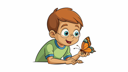 Poster - A young child intently studying a butterfly on their finger their eyes fixed on its delicate wings.. Cartoon Vector.
