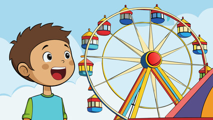 Poster - A young child looks up in awe at the towering brightlylit Ferris wheel at the carnival. The painted steel frame shimmers in the sunlight the colorful. Cartoon Vector.