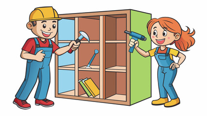 Poster - A young couple excitedly undertake the challenge of assembling a new piece of furniture for their home. They lay out all the pieces and carefully. Cartoon Vector.