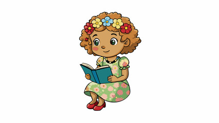 Aufkleber - A young girl sat alone in the corner of the coffee shop immersed in a book. She had a frame adorned with a whimsical floral dress that matched the. Cartoon Vector.