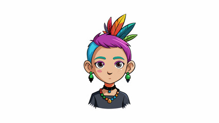 Poster - A young person with a rainbow colored dyed hair multiple piercings in their ears and a unique necklace made of feathers and beads.. Cartoon Vector.