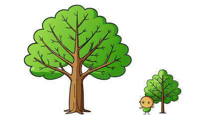Poster - A young sapling is compared to a towering oak tree. The sapling is thin and delicate with vibrant green leaves and a single small branch while the oak. Cartoon Vector.