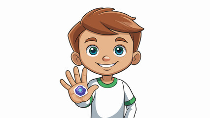 Poster - A young child proudly showing off their fourth finger displaying a shiny silver ring with four small sparkling gemstones embedded in it. The child. Cartoon Vector.
