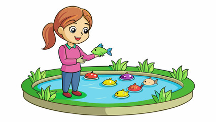 Poster - A young girl happily counted each of the colorful little fish in her backyard pond making sure all nine of them were accounted for.. Cartoon Vector.