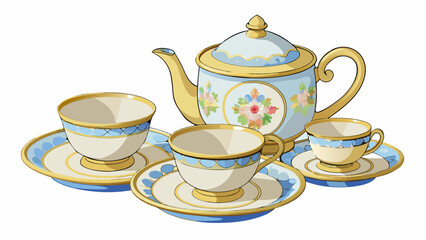 Fototapete - Adorned with delicate floral patterns and opulent gold trim the fine tory china set was fit for royalty and displayed prominently in the elegant. Cartoon Vector.