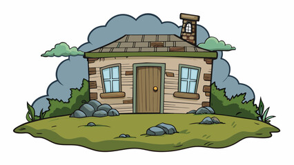 Aufkleber - Against the backdrop of a stormy sky a lone abandoned house sat on a desolate hill. Its walls were weathered and covered in vines and the windows were. Cartoon Vector.