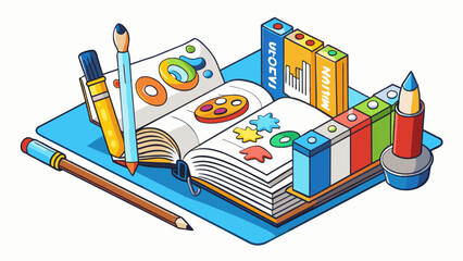 Aufkleber - An art curriculum may include a sketchbook paintbrushes and different types of paint. The sketchbook is used for students to brainstorm and sketch out. Cartoon Vector.