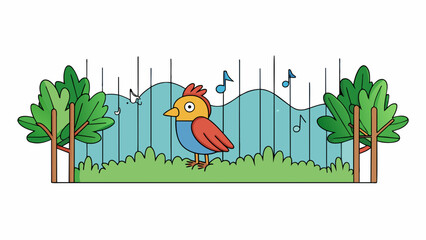 Fototapete - An audio clip of a chirping bird in a forest setting. The bird has a highpitched chirp and can be heard amidst the sounds of rustling leaves and. Cartoon Vector.