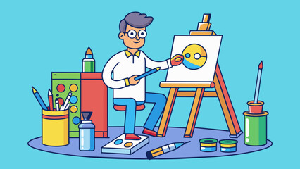 Aufkleber - An artist sits at their easel surrounded by tubes of paint and various brushes. They carefully mix colors on their palette creating intricate strokes. Cartoon Vector.
