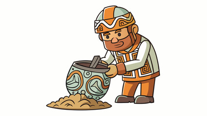 Wall Mural - An archaeologist carefully brushes away layers of dirt to uncover a buried artifact. The object is made of a smooth shiny material and has intricate. Cartoon Vector.