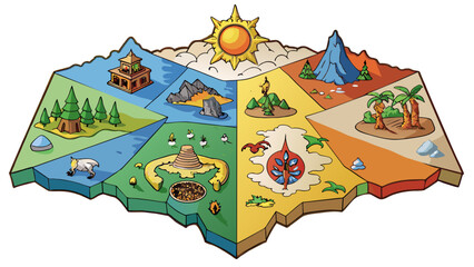 Fototapete - An ancient map of a kingdom featuring handdrawn illustrations of mythical creatures and landmarks. The map is divided into four sections each. Cartoon Vector.