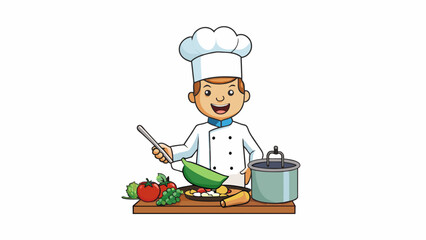 Poster - An aspiring chef eagerly undertakes the task of making a delicious meal for her guests. She skillfully chops vegetables stirs pots and checks the oven. Cartoon Vector.