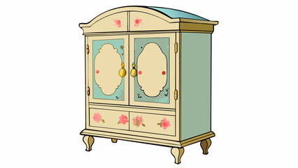 Fototapete - An antique stained cabinet made of distressed white wood adorned with handpainted floral patterns and brass s. It has two small doors that open to. Cartoon Vector.
