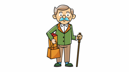 Poster - An elderly man with a cane wearing a cardigan and carrying a paper bag filled with groceries.. Cartoon Vector.