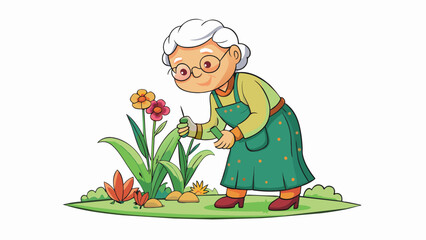 Poster - An elderly woman carefully tending to her flower garden gently pruning each stem and checking for any signs of pests.. Cartoon Vector.