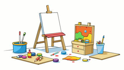 Poster - An art studio with splashes of paint and tered paintbrushes on the wide paneled floors. A large unfinished canvas sits on an easel next to a. Cartoon Vector.