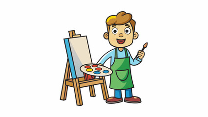 Poster - An artist sitting at their easel painstakingly detailing each stroke of their painting. The colorful palette on their table and messy apron reveal. Cartoon Vector.
