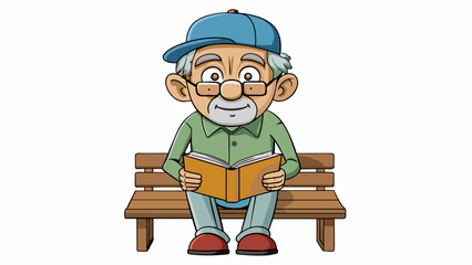 Fototapete - An elderly gentleman sits on a park bench his weathered face adorned with deep wrinkles and age spots. He wears a faded baseball cap its brim curved. Cartoon Vector.