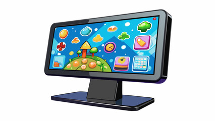 Fototapete - An electronic display screen with vivid graphics and bold text. The screen is mounted on a sleek black stand and is programmed to showcase different. Cartoon Vector.
