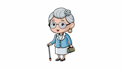 Fototapete - An elderly woman with silver hair styled in a bun wearing a knitted cardigan and a string of pearls. She walks with a cane and carries a small. Cartoon Vector.