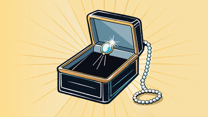 Aufkleber - An elegant black and white magazine ad highlighting a luxurious velvetlined jewelry box. Inside the box is a sparkling diamondencrusted necklace and. Cartoon Vector.