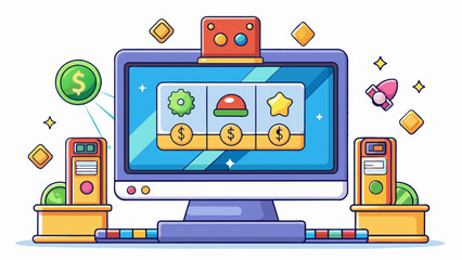 Poster - An electronic screen with flashing lights and colorful graphics displaying a variety of different games to choose from. Players insert money and press. Cartoon Vector.