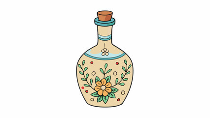 Aufkleber - An elegant ceramic bottle with a delicate handpainted design of flowers and vines. Its body is slightly round and short with a narrow neck and a cork. Cartoon Vector.
