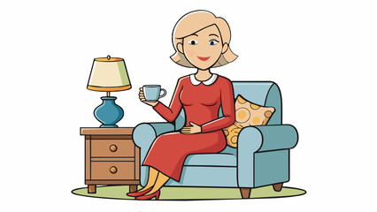 Fototapete - An elegant and sophisticated woman holding a cup of tea sitting in a cozy living room setting sharing her positive experience with a particular. Cartoon Vector.
