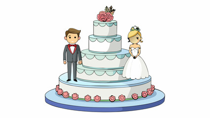 Poster - An elegant fourtiered wedding cake adorned with intricate white frosting and delicate sugar flowers. The fourth layer was the thickest and featured a. Cartoon Vector.
