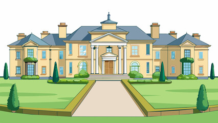 Sticker - An elegant mansion with a grand entrance and a long winding driveway. The exterior is made of creamcolored stones and features decorative pillars. The. Cartoon Vector.