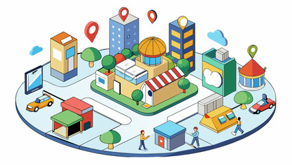 Aufkleber - An intangible city bustling with businesses social media platforms and online marketplaces that operate 247.. Cartoon Vector.