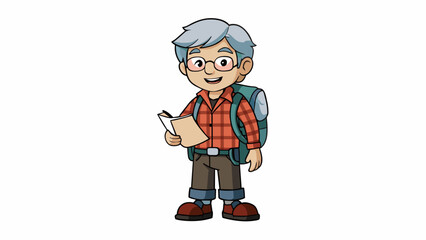 Poster - An individual in their 40s with short grey hair wearing a flannel shirt and hiking boots carrying a backpack and a map. They have a determined look on. Cartoon Vector.