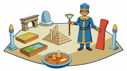 Fototapete - An interpreter at a historic site uses objects such as tools and artifacts to tell the story of past events and the way of life of those who lived. Cartoon Vector.