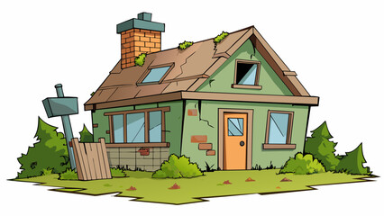 Aufkleber - An old abandoned house with boardedup windows and overgrown vegetation. The roof is caved in and there are signs of vandalism making it a definite. Cartoon Vector.