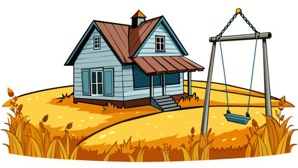 Poster - An old farmhouse with a rickety porch swing a sunworn barn with peeling paint and a field of golden wheat stretching for miles.. Cartoon Vector.