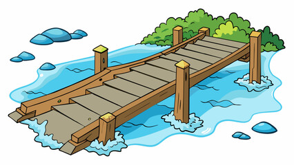 Poster - An old wooden bridge crossing over a rushing river. The bridge is worn and creaks with every step but it still stands strong. The river below is. Cartoon Vector.