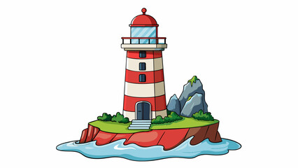 Fototapete - An old relatively small lighthouse stands tall on a rocky cliff near the ocean. The lighthouse has a white and red striped exterior and a small. Cartoon Vector.