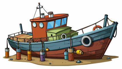 Fototapete - An old weathered fishing boat with chipped paint and rusted metal tied to a weathered dock. Its bow is adorned with colorful buoys and nets showcasing. Cartoon Vector.